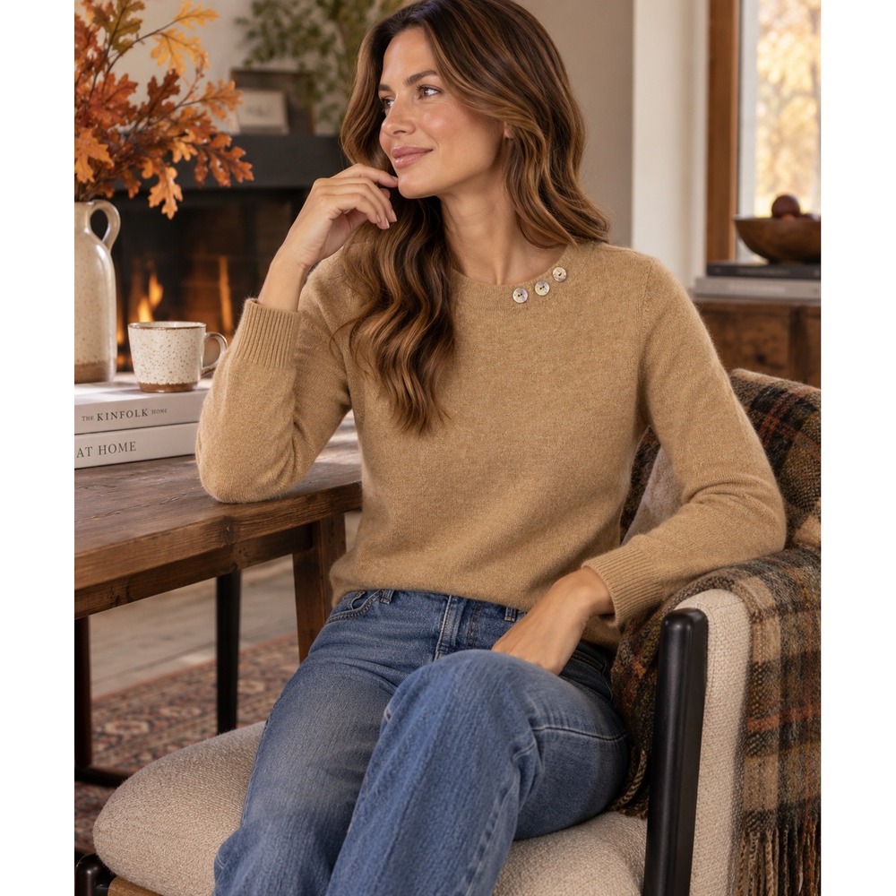 Talbots Pure Cashmere Sweater Quiet Preppy Classic Luxury Camel Tan Crew Neck M